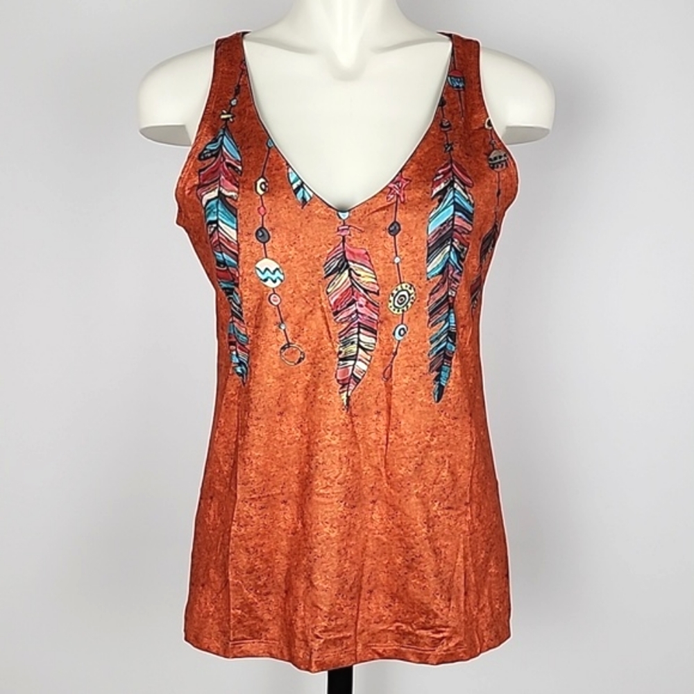 Chicyea Women's Sleeveless Tank Top V Neck Orange Feathers Print Size XL